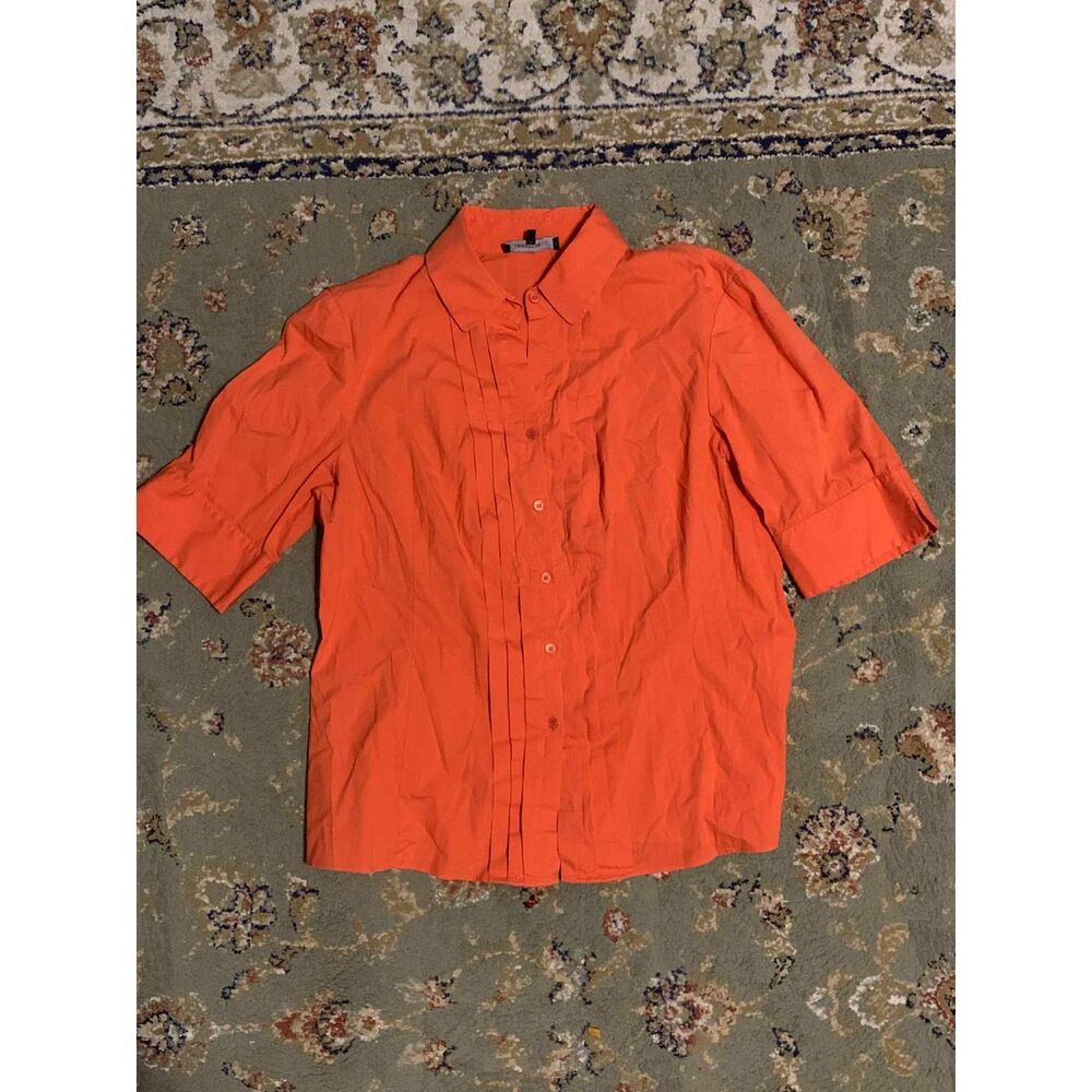 Lafayette 148 Cotton Blend Orange Pleated Short Sleeve Button Down Blouse, 14